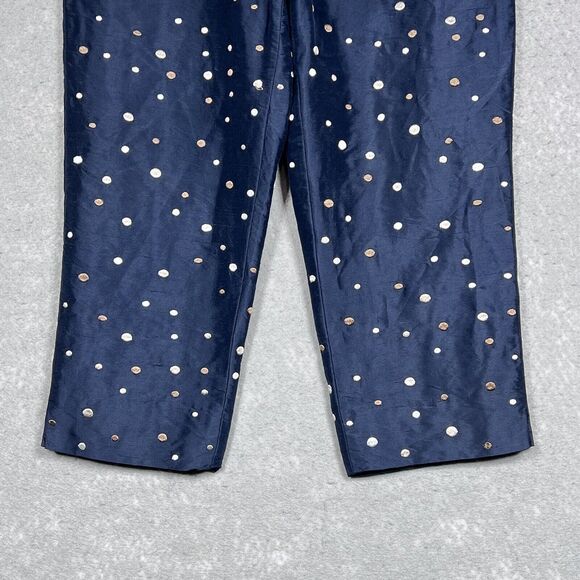 Talbots Pant Womens Size 8 Navy Tan Silver Polka Dot Ankle Straight Ankle Silk - Picture 3 of 12